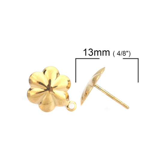 Picture of 304 Stainless Steel Ear Post Stud Earrings Flower Gold Plated W/ Loop 13mm x 10mm, Post/ Wire Size: 0.7mm, 6 PCs