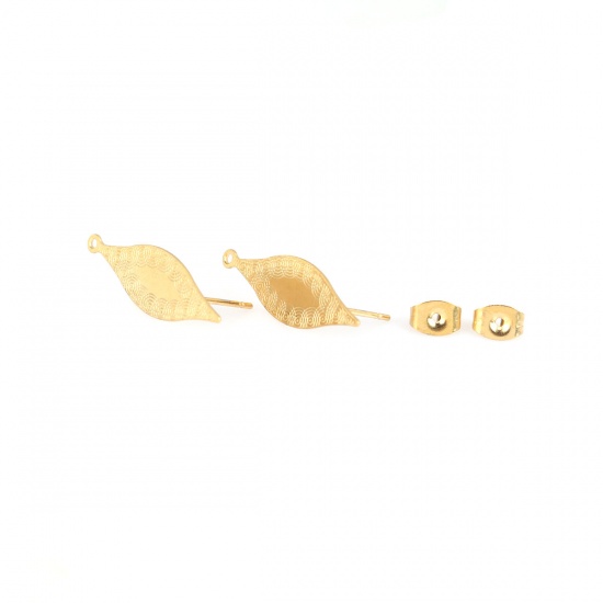 Picture of 304 Stainless Steel Ear Post Stud Earrings Leaf Gold Plated W/ Loop 27mm x 8mm, Post/ Wire Size: (21 gauge), 6 PCs