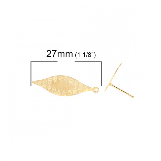 304ステンレス鋼 イヤリング 葉 金メッキ ループ付き 27mm x 8mm、 ワイヤーサイズ: （21号）、 6 個 の画像