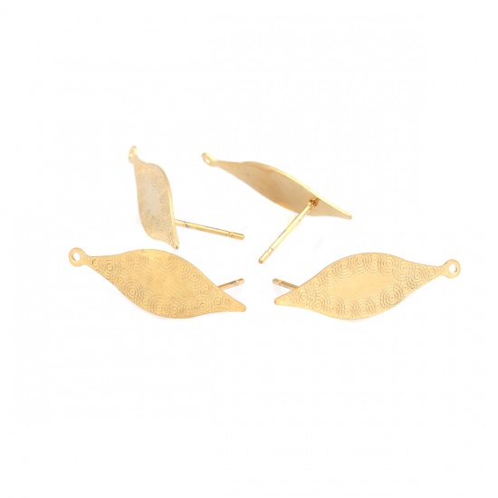 Picture of 304 Stainless Steel Ear Post Stud Earrings Leaf Gold Plated W/ Loop 27mm x 8mm, Post/ Wire Size: (21 gauge), 6 PCs