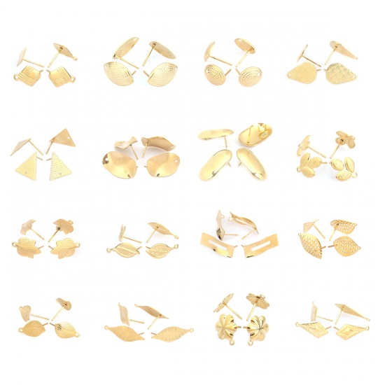 Picture of 304 Stainless Steel Ear Post Stud Earrings Leaf Gold Plated W/ Loop 27mm x 8mm, Post/ Wire Size: (21 gauge), 6 PCs