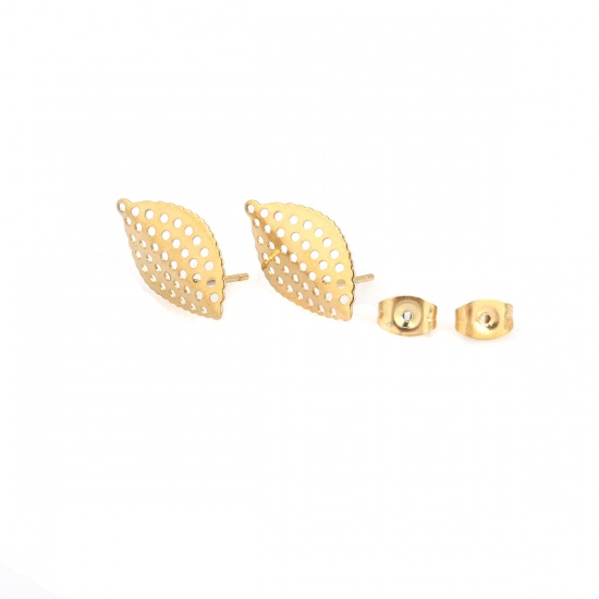 Picture of 304 Stainless Steel Ear Post Stud Earrings Leaf Gold Plated Circle W/ Loop 18mm x 11mm, Post/ Wire Size: (21 gauge), 6 PCs
