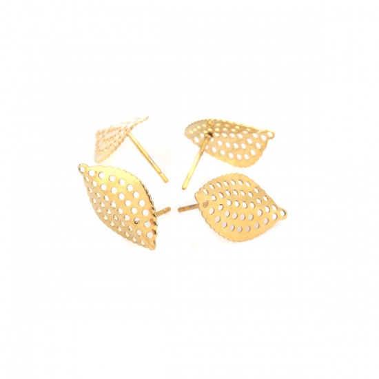 Picture of 304 Stainless Steel Ear Post Stud Earrings Leaf Gold Plated Circle W/ Loop 18mm x 11mm, Post/ Wire Size: (21 gauge), 6 PCs