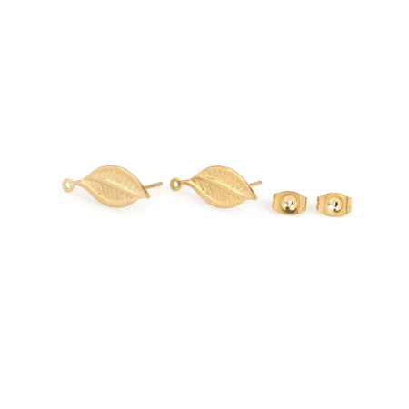 Image de Boucles d'Oreilles Puces en 304 Acier Inoxydable Feuille Doré avec Boucle 19mm x 8mm, Epaisseur de Fil: 0.7mm, 6 Pcs