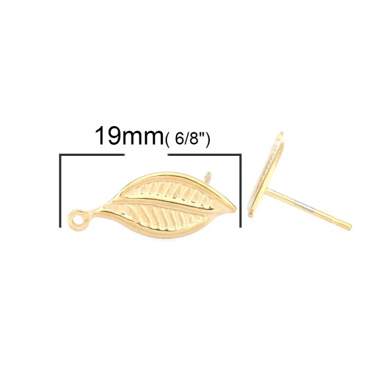Picture of 304 Stainless Steel Ear Post Stud Earrings Leaf Gold Plated W/ Loop 19mm x 8mm, Post/ Wire Size: 0.7mm, 6 PCs