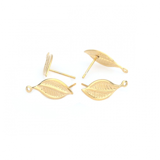 Picture of 304 Stainless Steel Ear Post Stud Earrings Leaf Gold Plated W/ Loop 19mm x 8mm, Post/ Wire Size: 0.7mm, 6 PCs