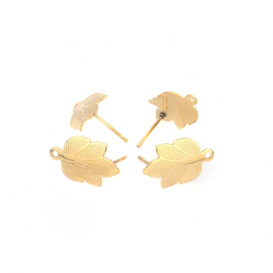 Picture of 304 Stainless Steel Ear Post Stud Earrings Leaf Gold Plated W/ Loop 17mm x 10mm, Post/ Wire Size: (21 gauge), 6 PCs
