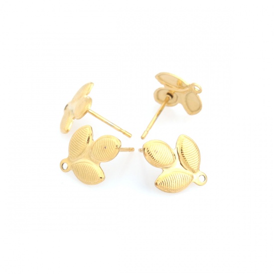 Picture of 304 Stainless Steel Ear Post Stud Earrings Leaf Gold Plated W/ Loop 14mm x 11mm, Post/ Wire Size: (21 gauge), 6 PCs