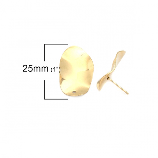 Picture of 304 Stainless Steel Ear Post Stud Earrings Oval Gold Plated W/ Loop 25mm x 15mm, Post/ Wire Size: (21 gauge), 6 PCs