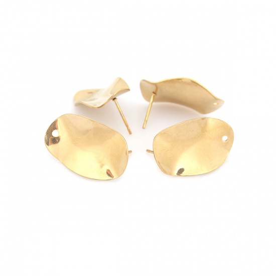 Picture of 304 Stainless Steel Ear Post Stud Earrings Oval Gold Plated W/ Loop 25mm x 15mm, Post/ Wire Size: (21 gauge), 6 PCs