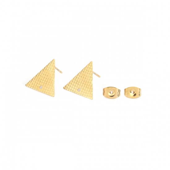 Picture of 304 Stainless Steel Ear Post Stud Earrings Triangle Gold Plated Grid Checker W/ Loop 14mm x 13mm, Post/ Wire Size: (21 gauge), 6 PCs