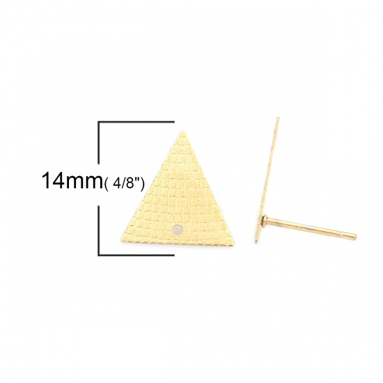 Picture of 304 Stainless Steel Ear Post Stud Earrings Triangle Gold Plated Grid Checker W/ Loop 14mm x 13mm, Post/ Wire Size: (21 gauge), 6 PCs