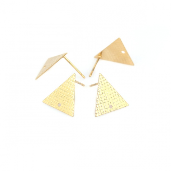 Picture of 304 Stainless Steel Ear Post Stud Earrings Triangle Gold Plated Grid Checker W/ Loop 14mm x 13mm, Post/ Wire Size: (21 gauge), 6 PCs