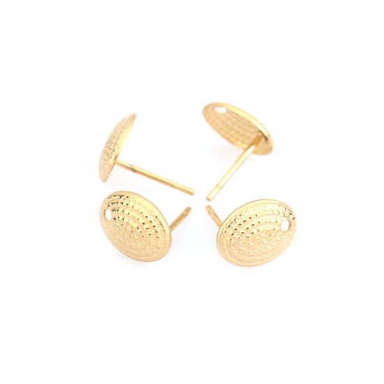 Picture of 304 Stainless Steel Ear Post Stud Earrings Oval Gold Plated Dot W/ Loop 10mm x 7mm, Post/ Wire Size: (21 gauge), 6 PCs