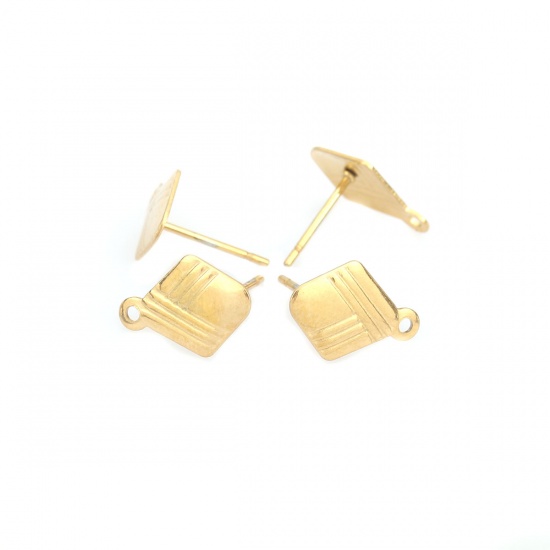 Picture of 304 Stainless Steel Ear Post Stud Earrings Rhombus Gold Plated Stripe W/ Loop 13mm x 9mm, Post/ Wire Size: (21 gauge), 6 PCs