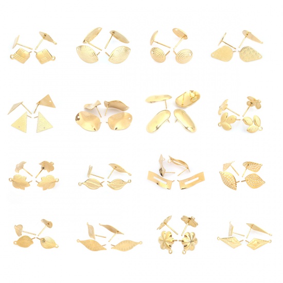 Picture of 304 Stainless Steel Ear Post Stud Earrings Rhombus Gold Plated Stripe W/ Loop 13mm x 9mm, Post/ Wire Size: (21 gauge), 6 PCs