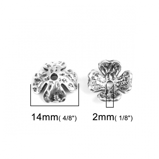 Immagine di Lega di Zinco Coppette Copriperla Fiore Argento Antico (Addetti 14mm Perline) 14mm x 14mm, 20 Pz