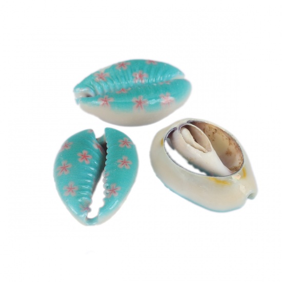 Picture of Natural Shell Loose Beads Conch/ Sea Snail Pink & Lightblue Flower Pattern About 25mm x 17mm-18mm x 14mm, 10 PCs