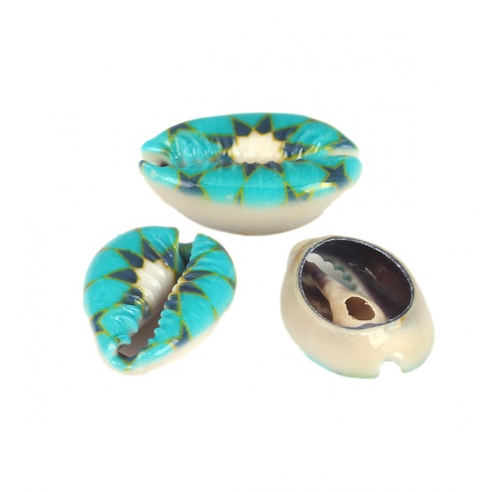 Picture of Natural Shell Loose Beads Conch/ Sea Snail Green Blue Flower Pattern About 25mm x 17mm-18mm x 14mm, 10 PCs
