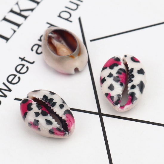 Image de Perles en Coquille Escargot de Mer Fuchsia & Noir Léopard 25mm x 17mm-18mm x 14mm, 10 Pcs