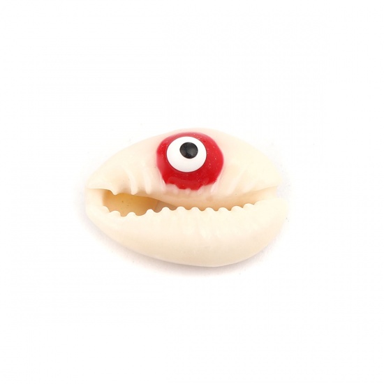 Picture of Natural Shell Loose Beads Conch/ Sea Snail White & Red Evil Eye Pattern Enamel About 20mm x 13mm-16mm x 12mm, 10 PCs