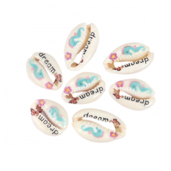 Picture of Natural Shell Loose Beads Conch/ Sea Snail Seahorse Pattern Message " Dream " About 25mm x 17mm-18mm x 14mm, 10 PCs