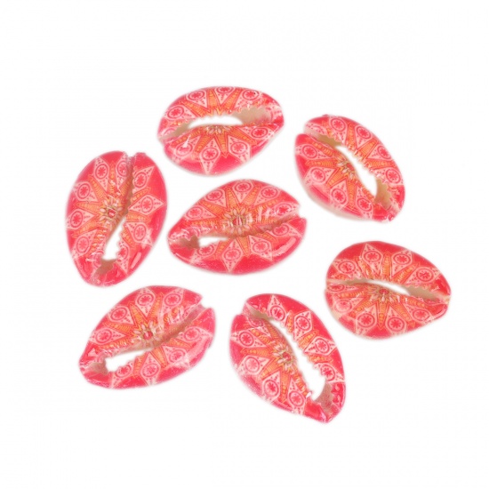 Bild von Muschel Perlen Strandschnecke Rot Blumen Muster 25mm x 17mm-18mm x 14mm, 10 Stück