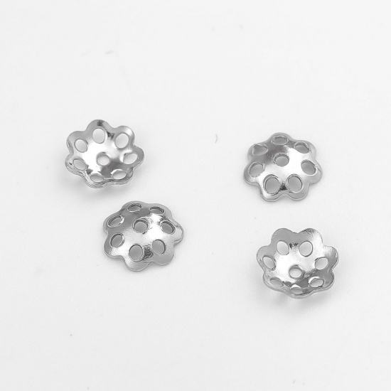 Picture of 304 Stainless Steel Beads Caps Flower Silver Tone (Fits 8mm-10mm Beads) 6mm x 6mm, 50 PCs