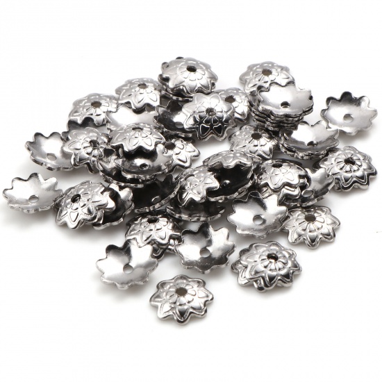 Picture of 304 Stainless Steel Beads Caps Flower Silver Tone Carved Pattern (Fits 10mm Beads) 7mm Dia., 7mm x 50 PCs