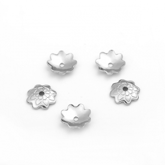 Picture of 304 Stainless Steel Beads Caps Flower Silver Tone Carved Pattern (Fits 10mm Beads) 7mm Dia., 7mm x 50 PCs