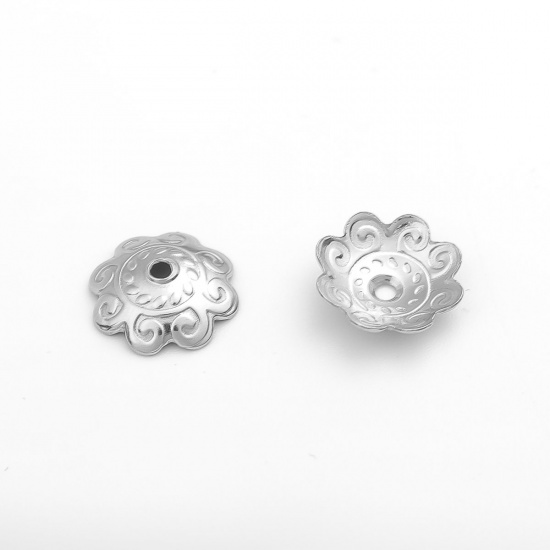 Picture of 304 Stainless Steel Beads Caps Flower Silver Tone Carved Pattern (Fits 14mm Beads) 11mm x 11mm, 20 PCs