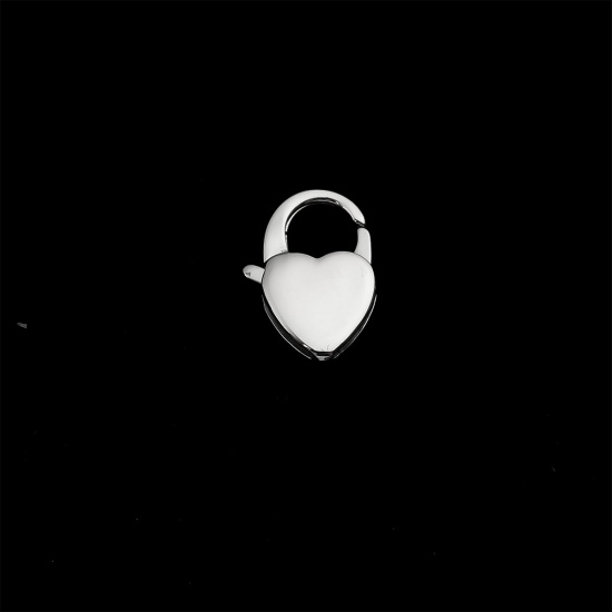 Picture of 304 Stainless Steel Lobster Clasp Findings Heart Silver Tone 16mm x 11mm, 20 PCs