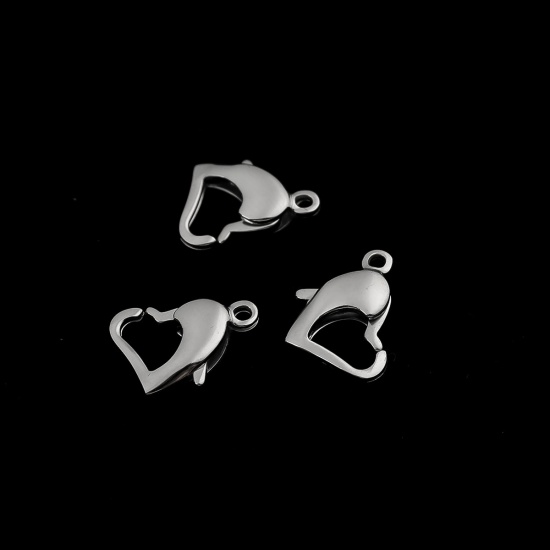 Picture of 304 Stainless Steel Lobster Clasp Findings Heart Silver Tone 13mm x 11mm, 20 PCs