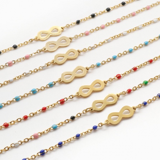 Picture of 1 Set Vacuum Plating 304 Stainless Steel Bracelets Gold Plated Infinity Symbol Enamel 18cm(7 1/8") long
