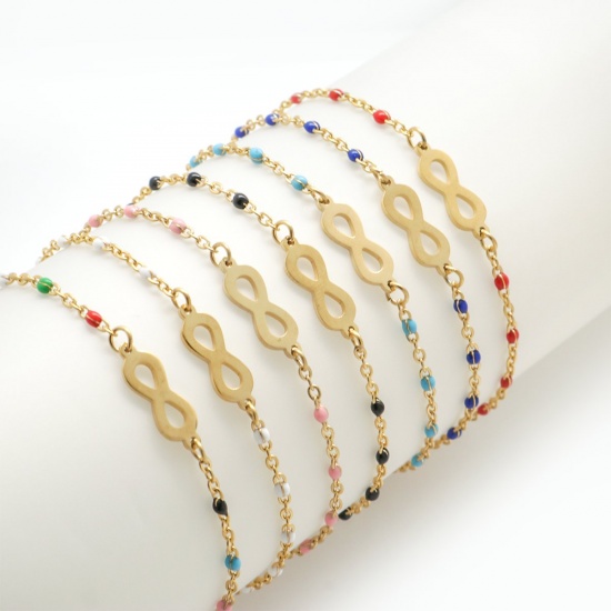 Picture of 304 Stainless Steel Bracelets Gold Plated Infinity Symbol Enamel Mixed 18cm(7 1/8") long, 1 Set