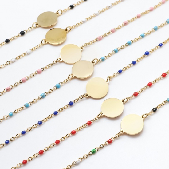 Picture of 304 Stainless Steel Bracelets Gold Plated Round Enamel Mixed 18cm(7 1/8") long, 1 Set