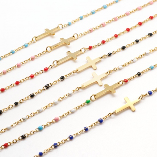 Picture of 304 Stainless Steel Bracelets Gold Plated Cross Enamel Mixed 18cm(7 1/8") long, 1 Set