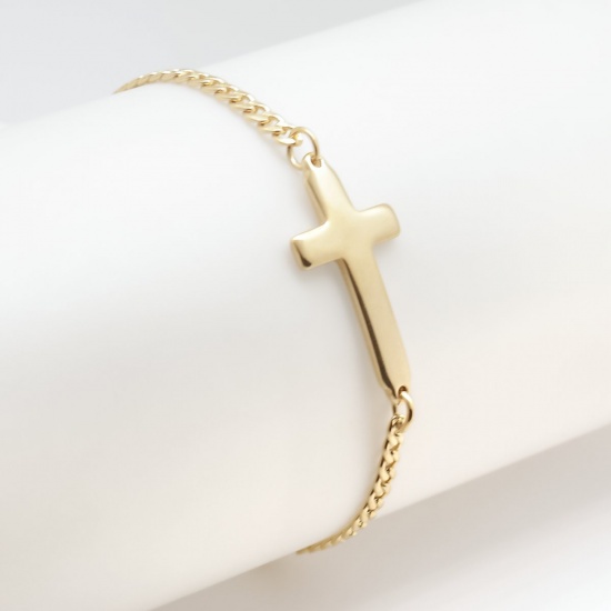 Picture of 1 Piece Vacuum Plating 304 Stainless Steel Bracelets Gold Plated Cross With Lobster Claw Clasp And Extender Chain 18cm(7 1/8") long
