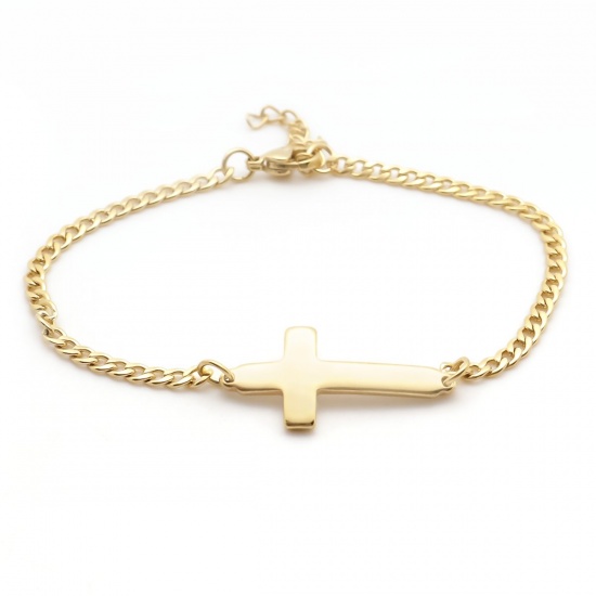 Picture of 1 Piece Vacuum Plating 304 Stainless Steel Bracelets Gold Plated Cross With Lobster Claw Clasp And Extender Chain 18cm(7 1/8") long
