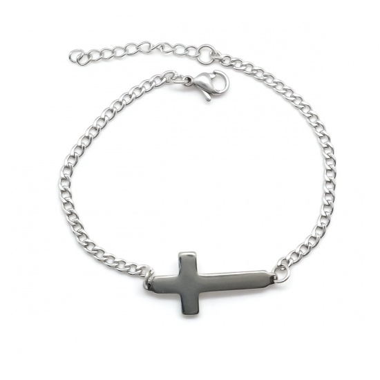 Picture of 304 Stainless Steel Bracelets Silver Tone Cross With Lobster Claw Clasp And Extender Chain 18cm(7 1/8") long, 1 Piece