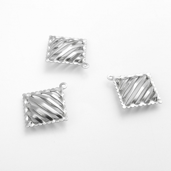Picture of 304 Stainless Steel Charms Rhombus Silver Tone Stripe 25mm x 23mm, 5 PCs