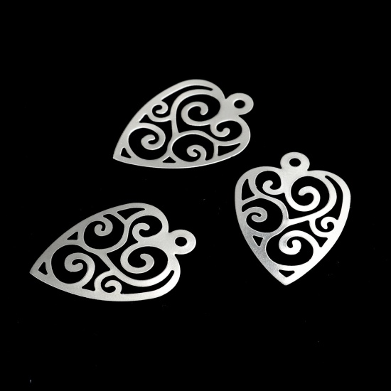 Picture of 304 Stainless Steel Charms Heart Silver Tone Filigree 28mm x 20mm, 10 PCs