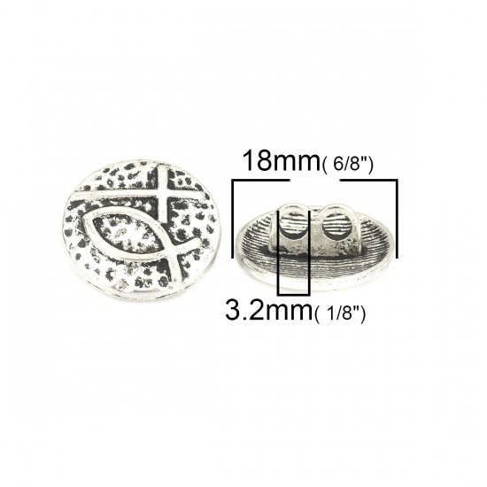 Immagine di Lega di Zinco Gambo Bottone Due Fori Tondo Argento Antico Pesce Disegno 18mm Dia, 25 Pz