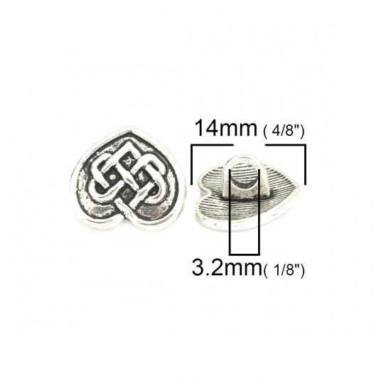 Bild von Zinklegierung Ösenknöpfe Herz Antiksilber Keltisch Knoten Geschnitzt 14mm x 13mm, 50 Stück