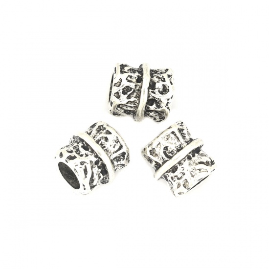 Picture of Zinc Based Alloy Beads Cylinder Antique Silver Carved Pattern About 10mm x 9mm, Hole: Approx 4.9mm, 20 PCs