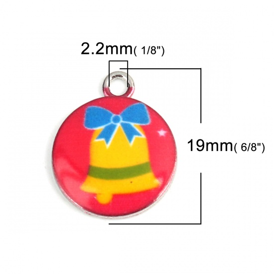 Immagine di Vetro Charms Tondo Natale Jingling Campanello Tono Argento Multicolore 19mm x 15mm, 10 Pz
