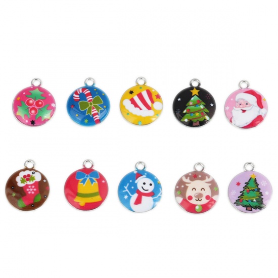 Picture of Glass Charms Round Christmas Jingle Bell Silver Tone Multicolor 19mm x 15mm, 10 PCs