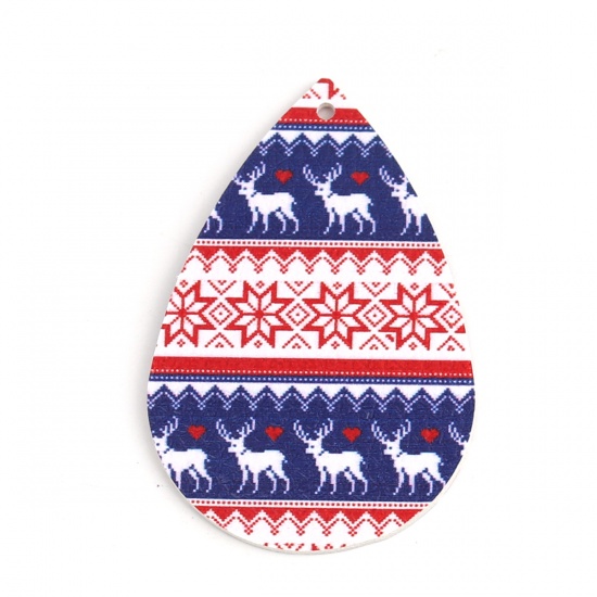 Picture of PU Leather Pendants Drop Red & Blue Christmas Reindeer 57mm x 38mm, 10 PCs