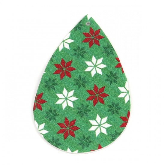 Picture of PU Leather Pendants Drop White & Green Christmas Snowflake 57mm x 38mm, 10 PCs