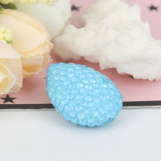 Picture of Polymer Clay Beads Drop Light Blue Rhinestone About 24mm x 18mm, Hole: Approx 0.6mm, 1 Piece